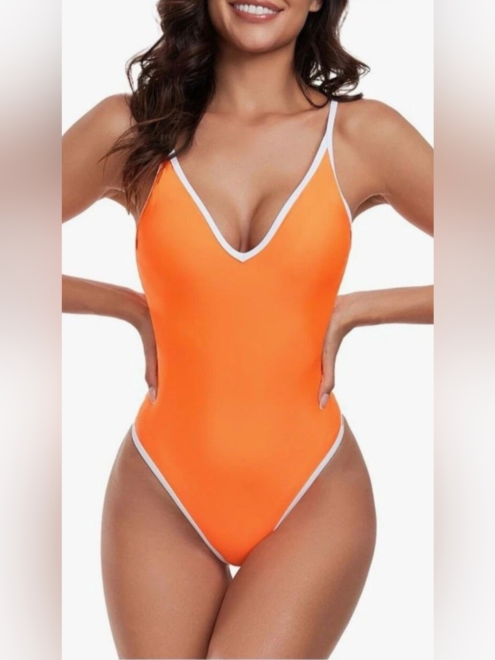 Relleciga Women’s V-Neck Orange One-Piece Swimsuit